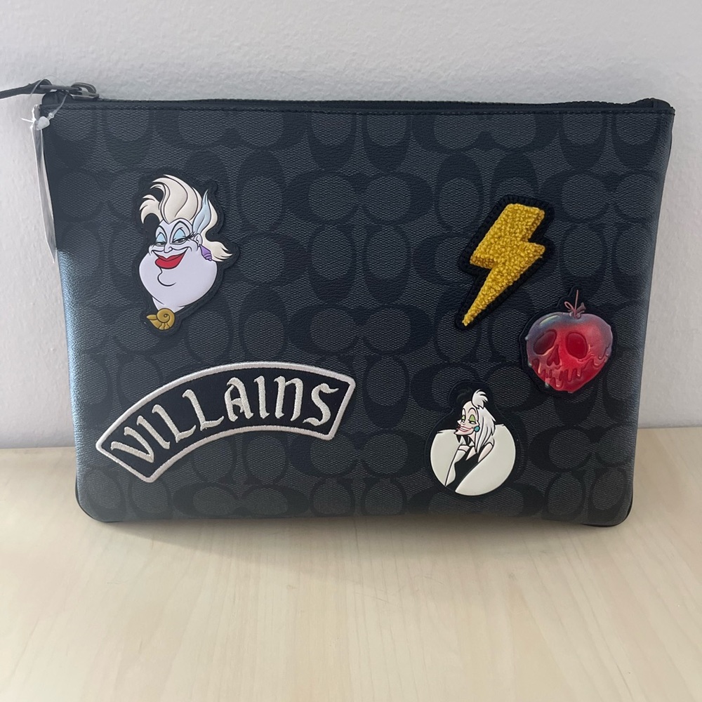 NWT Disney X Coach Large Pouch In Signature Canvas With Patches